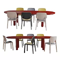 Modern Oval Dining Table Set with Red Legs and Various Colored Cushioned Chairs 3d model