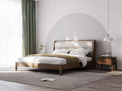 Double Bed With Wooden Frame White Brown Bedding Nightstand Lamp Green Curtains Arch Wall Rug 3d model