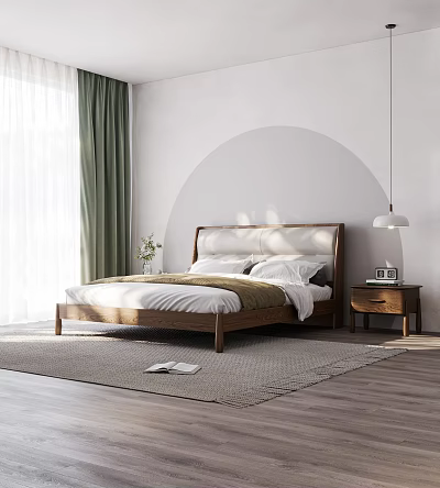 Double Bed With Wooden Frame White Brown Bedding Nightstand Lamp Green Curtains Arch Wall Rug 3d model