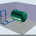 Industrial Equipment Setup With Green Storage Tank Blue Pipelines And Valves On Gray Tiled Floor