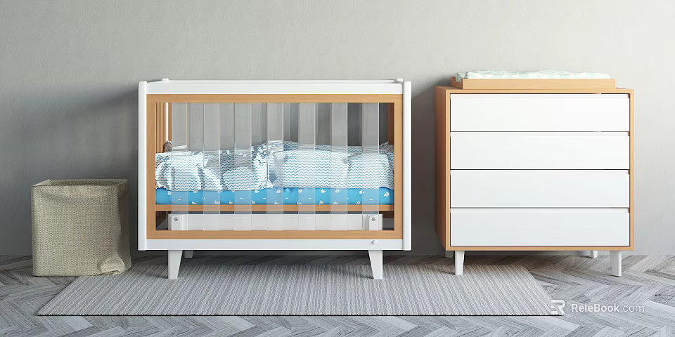 Modern Baby Crib With Blue Star Mattress And Wooden Dresser In Nursery 3d model 