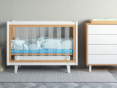 Modern Baby Crib With Blue Star Mattress And Wooden Dresser In Nursery 3d model