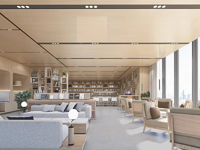 Modern Book Art Space Design With Wooden Bookshelves And Reading Seats 3d model