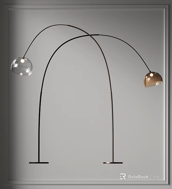 Modern Arching Floor Lamp With Transparent And Gold Globe Shades And Metal Stand 3d model 