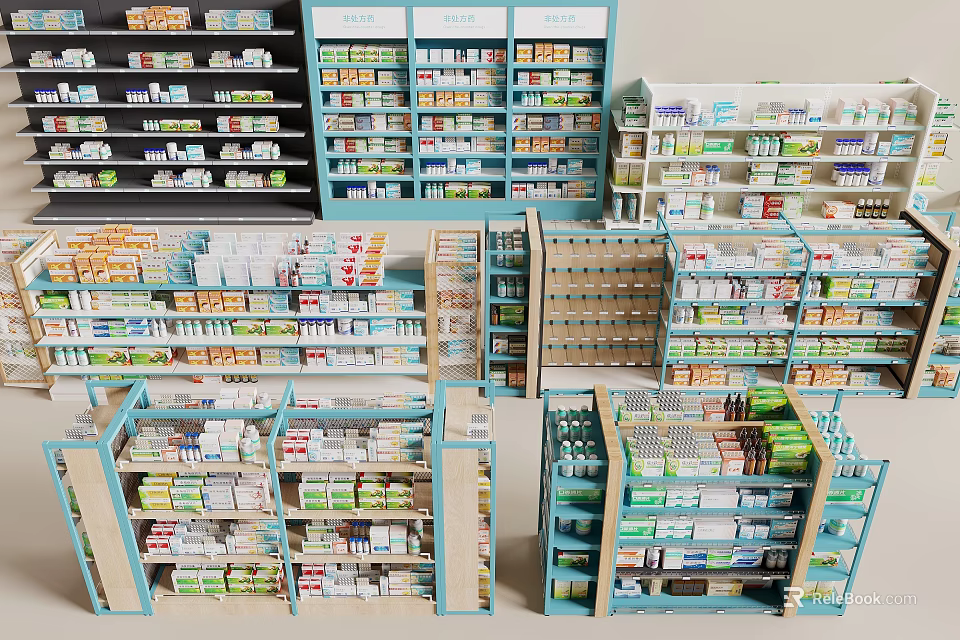 Neatly Arranged Pharmacy Display Shelves With Multi Tiered Racks And Various Products 3d model 