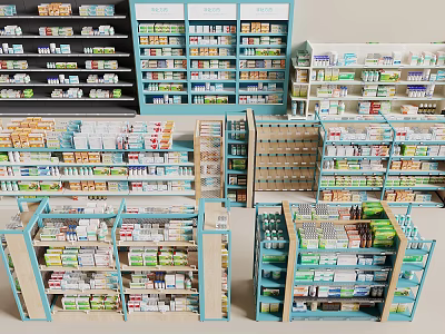 Neatly Arranged Pharmacy Display Shelves With Multi Tiered Racks And Various Products 3d model