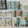 Neatly Arranged Pharmacy Display Shelves With Multi Tiered Racks And Various Products
