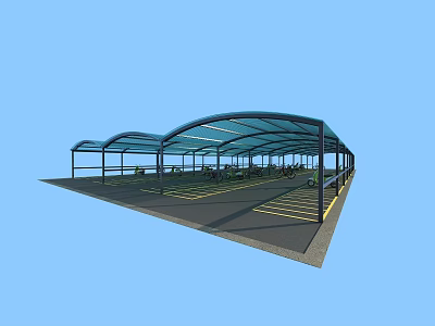 Covered Parking Lot With Blue Canopy And Yellow Parking Lines 3d model