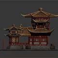 Cartoon Scene Chinese Traditional Pagoda With Golden Roof Red Pillars And Stone Base