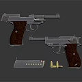 Two Vintage Pistols With Wooden Grips Magazine And Bullets On Dark Surface