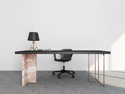 Black Office Desk With Marble Legs Copper Frame And Black Desk Lamp 3d model