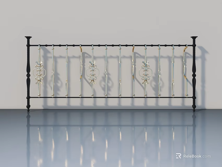 Black Wrought Iron Swing Door with Decorative Patterns and Reflective Surface 3d model