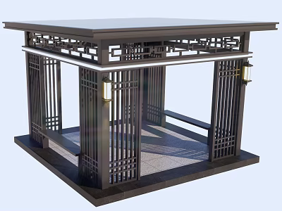Chinese Style Pavilion With Black Intricate Carved Design Square Top And Lanterns 3d model