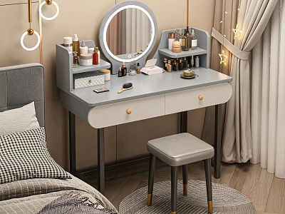 Modern Dressing Table With Round Mirror Drawer Design Cosmetics Storage Organizers And Stool 3d model