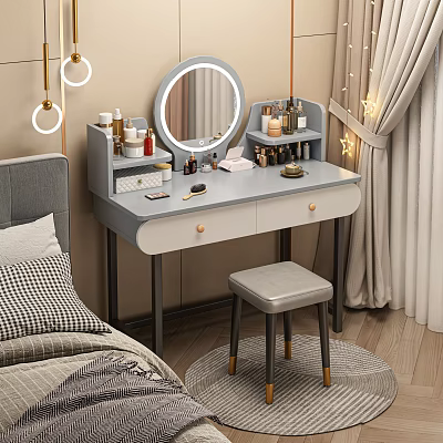 Modern Dressing Table With Round Mirror Drawer Design Cosmetics Storage Organizers And Stool 3d model