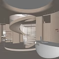 Modern Beauty Hair Salon Interior With Spiral Staircase Soft Lighting Neutral Tones And Display Shelves
