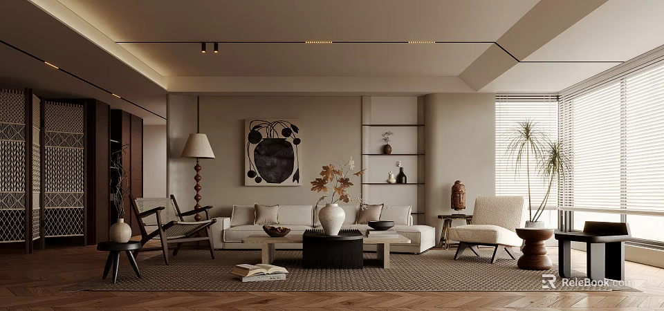 Modern Minimalist Living Room Interior Design With Sofa Coffee Table Decorative Artwork Shelves And Plants 3d model 