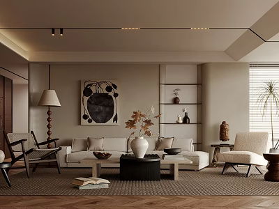 Modern Minimalist Living Room Interior Design With Sofa Coffee Table Decorative Artwork Shelves And Plants 3d model