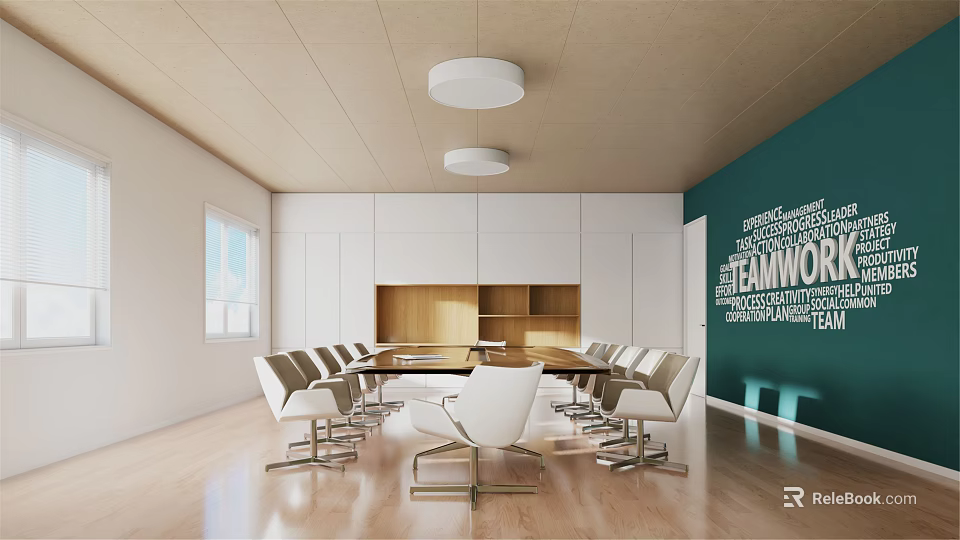 Modern Conference Room With Long Table White Chairs Green Wall Collaboration Words And Wooden Floor 3d model 
