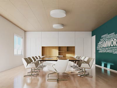 Modern Conference Room With Long Table White Chairs Green Wall Collaboration Words And Wooden Floor 3d model