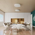 Modern Conference Room With Long Table White Chairs Green Wall Collaboration Words And Wooden Floor