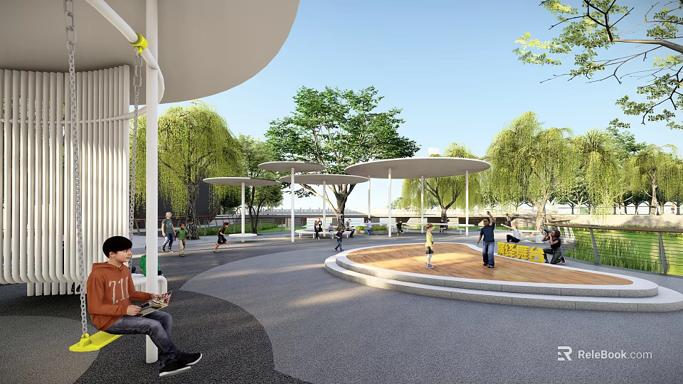 Public Park Area With Shade Umbrellas Green Trees People Relaxing And Activities 3d model 