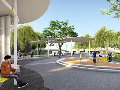 Public Park Area With Shade Umbrellas Green Trees People Relaxing And Activities 3d model