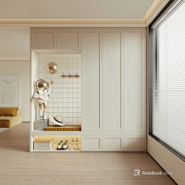 Modern Foyer Hallway With Cabinets Tile Wall And Decor 3d model 