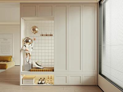 Modern Foyer Hallway With Cabinets Tile Wall And Decor 3d model