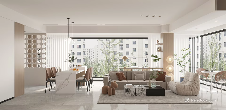 Modern Living And Dining Room Interior With Sofa Dining Table Chairs And Large Windows 3d model