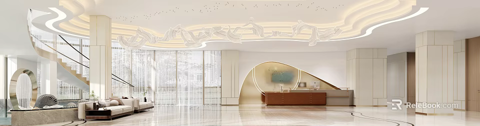 Modern Hotel Lobby Interior Design With Unique Ceiling Decor Reception Desk And Floor To Ceiling Windows 3d model 