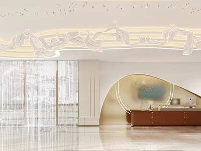 Modern Hotel Lobby Interior Design With Unique Ceiling Decor Reception Desk And Floor To Ceiling Windows 3d model