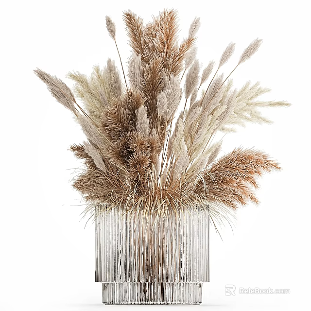 Decorative Ornament Set with Dried Pampas Grass in Transparent Striped Vase Brown and Beige 3d model 