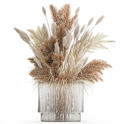 Decorative Ornament Set with Dried Pampas Grass in Transparent Striped Vase Brown and Beige 3d model