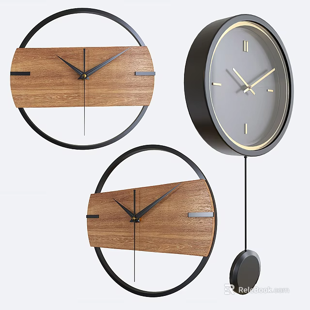 Modern Wall Clocks With Wooden Panels And Metal Frames For Home Decor 3d model 