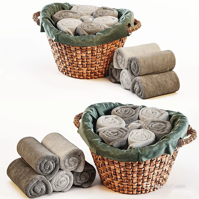 Cozy Wicker Baskets Filled With Soft Rolled Gray Towels For Home Use 3d model 