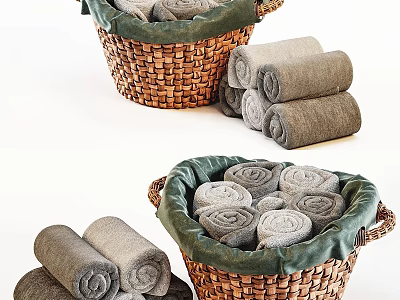 Cozy Wicker Baskets Filled With Soft Rolled Gray Towels For Home Use 3d model