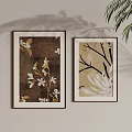 Abstract Paintings With Botanical Elements White Flowers Tree Branches Brown Frames On Light Colored Wall 3d model