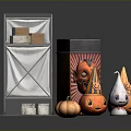 Halloween Decorative Scene With Metal Shelf Boxes And Colorful Pumpkin Ornaments