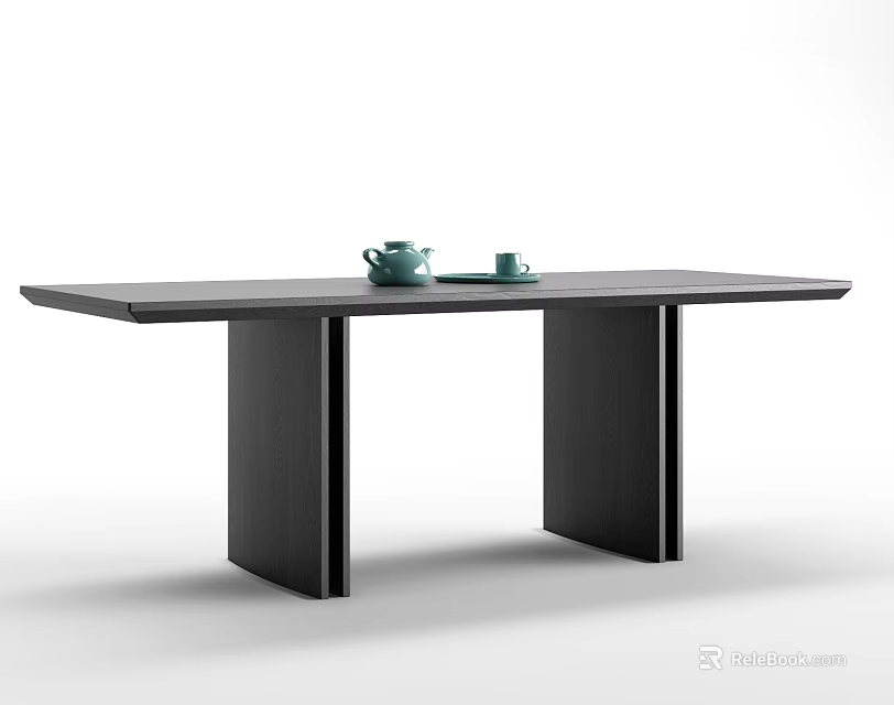 Modern Black Dining Table With Green Teapot And Cups On Top 3d model