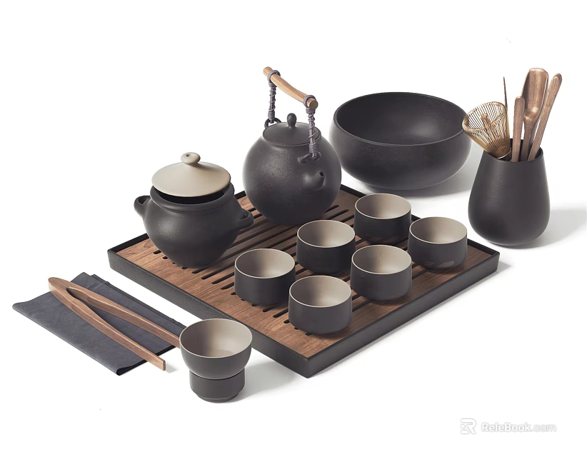Black Ceramic Tea Set with Teapot Tea Cups Tea Tray and Accessories 3d model