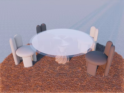 Modern Round White Table With Gray And Beige Chairs On Brown Carpet 3d model