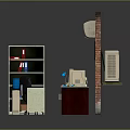 Office Interior Setup With Brick Wall Air Conditioner Clock Bookshelf Printer Computer Desk And Chair