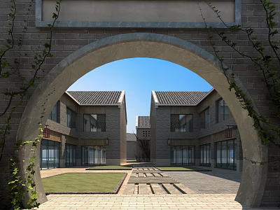 Traditional Chinese Commercial Street Archway View With Brick Buildings Tiled Roofs Courtyard And Stone Pathway 3d model