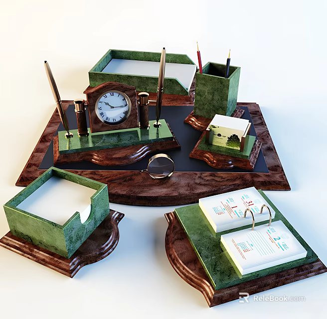 Elegant Vintage Office Stationery Set With Clock Pen Holder And Notebook On Wooden Tray 3d model 