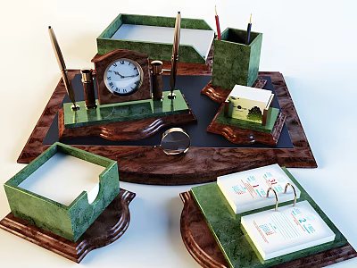 Elegant Vintage Office Stationery Set With Clock Pen Holder And Notebook On Wooden Tray 3d model