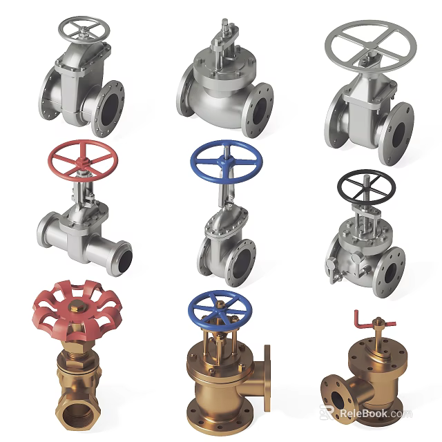 Various Types Of Industrial Metal Valves With Colorful Handwheels As Hardware Tools 3d model 