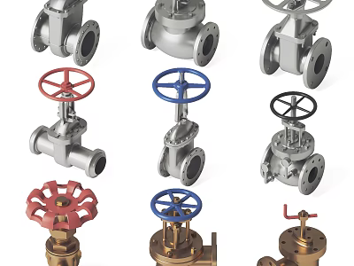Various Types Of Industrial Metal Valves With Colorful Handwheels As Hardware Tools 3d model
