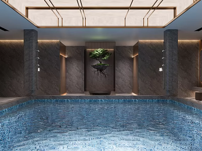 Modern SPA Sauna Interior Design With Swimming Pool Marble Walls And Green Plants 3d model