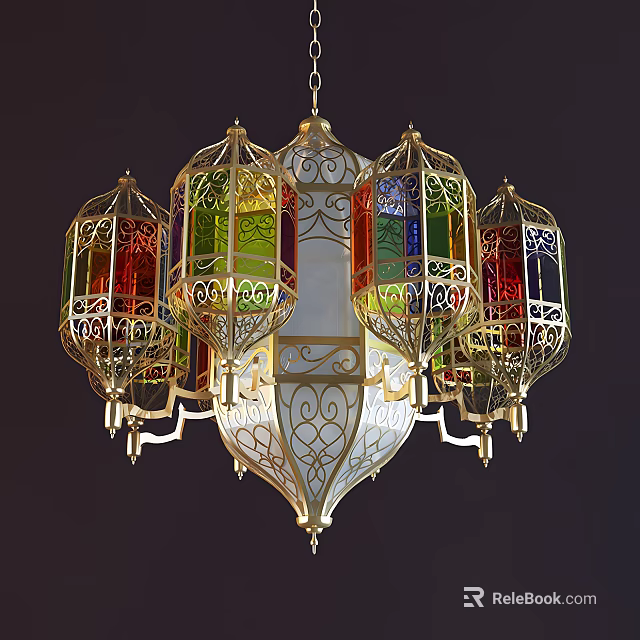 Traditional Middle Eastern Style Chandelier With Colorful Glass Lanterns And Ornate Gold Frame 3d model 